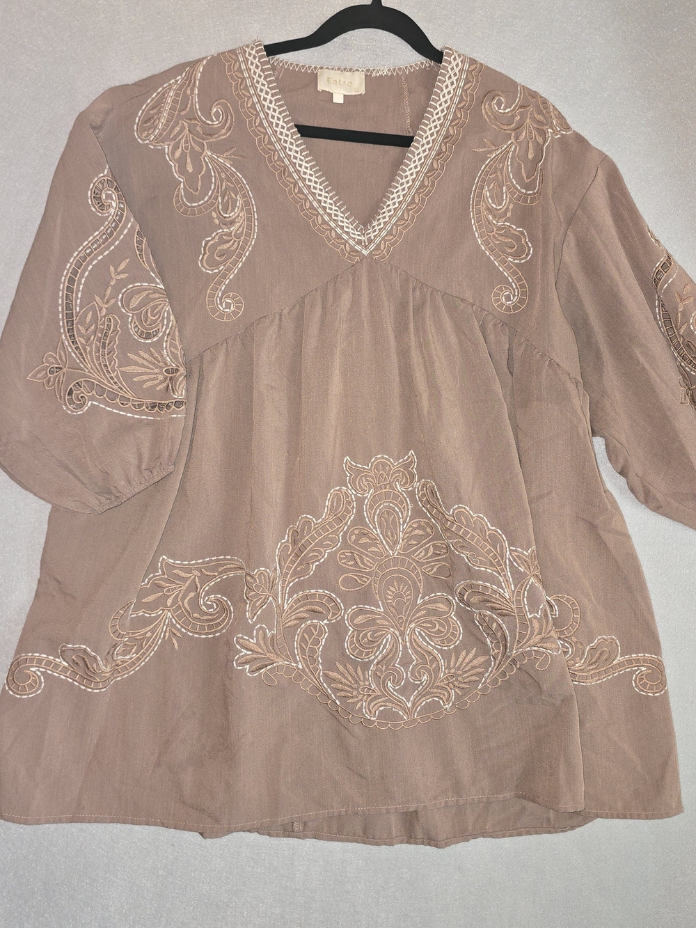Entro L Embroidered V-Neck Tunic Tan Boho Western Mini or Blouse Puffy Sleeves